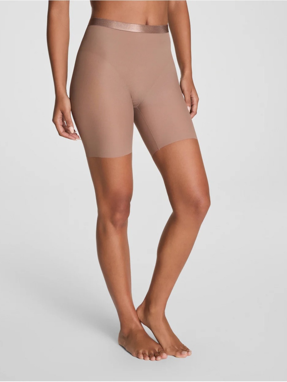 SPANX Sculpting High-Waist Longer-Leg Shaper Shorts in Taupe